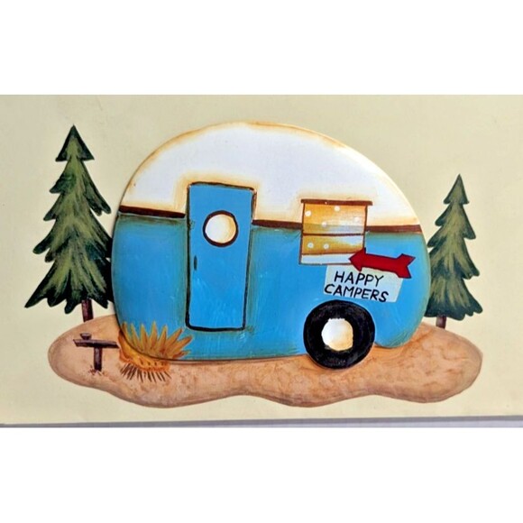 Happy Campers Over the Door Cabinet Towel Holder Retro Trailer Metal Gift NEW - Picture 2 of 7